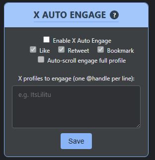 Spread the influence of your favourite Twitter profiles! Immediately like, retweet and bookmarks their post when they are on your timeline, based on your settings. When autoscroll is active, the extension autoscrolls thorugh their page when you visit them to like/retweet/bookmark them all!