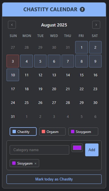 Keep track of your chastity sessions. Make your own categories for more options like 'Sissygasm' or 'Ruined Orgasm'.