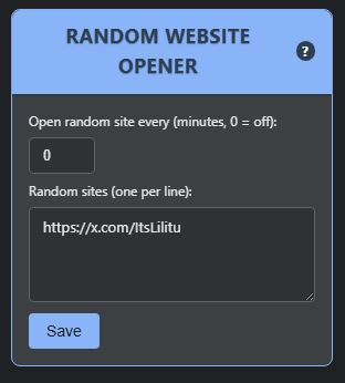 Opens a random website from the list every ... minutes (with some randomness to the timer).